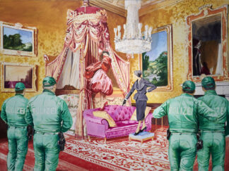 Alcoba palaciega dorada con dama trepando al dosel y policías observando la escena, pintura de Ignacio Goitia.