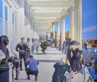 Pintura de Goitia: galería clásica con caballo encabritado, policías, fotógrafos y bustos escultóricos.
