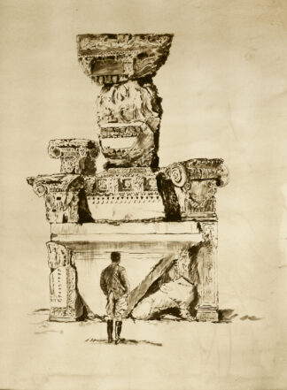 Dibujo en tinta sepia de ruinas de templo romano con capiteles y figura observando, obra de Goitia
