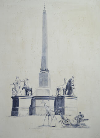 Cuadro de obelisco con estatuas ecuestres, jirafa y figura reclinada en tonos grises, estilo goitiesco.