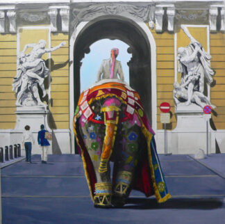Elefante con manto bordado camina hacia un arco palaciego entre esculturas blancas, óleo de Ignacio Goitia.