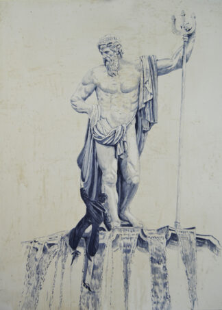 Pintura en azules de Neptuno con tridente sobre fuente, con figura trepando la escultura. Ignacio Goitia.