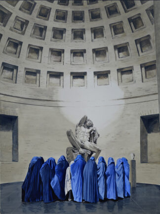 Cuadro de figuras con velos azules ante escultura clásica en rotonda de la Gliptoteca de Múnich