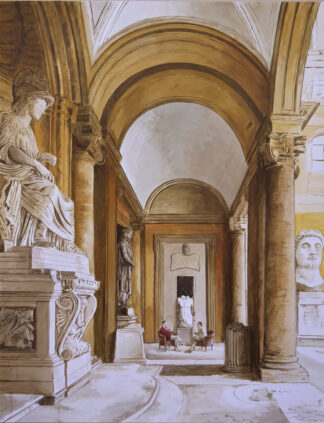 Galería de los Museos Capitolinos con esculturas clásicas, columnas y bóvedas doradas, pintura de Ignacio Goitia