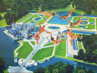 Château de Chantilly visto desde el aire con figuras humanas flotando sobre los jardines, obra de Ignacio Goitia