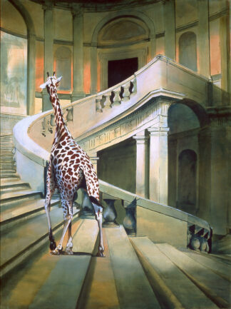 Jirafa subiendo una escalinata de palacio con balaustrada de piedra, pintura de Ignacio Goitia