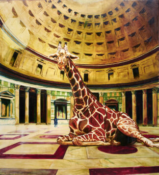 Jirafa recostada bajo la cúpula del Panteón de Roma, pintura de Ignacio Goitia con luz dorada.