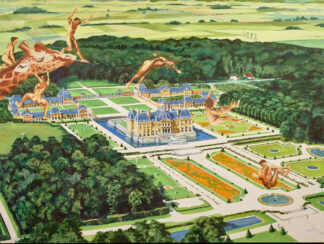 Cuadro de Goitia: castillo francés con jardines geométricos, figuras saltando y una jirafa entre árboles.