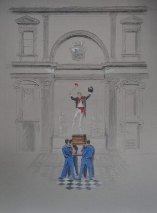 Bailarín sobre arca portada por cuatro hombres ante fachada clásica con escudo nobiliario