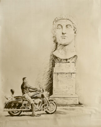 Motorista en Harley Davidson frente a la cabeza monumental de Constantino, dibujo en sepia