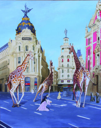 Cuadro de tres jirafas caminando por la Gran Vía de Madrid junto al Edificio Metrópolis y una pareja bailando