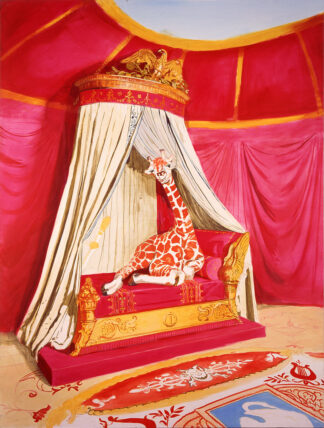 Jirafa recostada sobre trono rojo y dorado bajo dosel con águila, pintura de Ignacio Goitia
