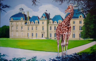 Jirafa frente al château de Cheverny, pintura de Ignacio Goitia con cúpulas azules y jardines