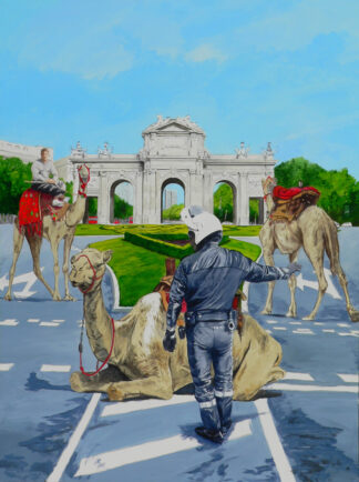 Dromedarios ante la Puerta de Alcalá con motorista policial, pintura de Ignacio Goitia.