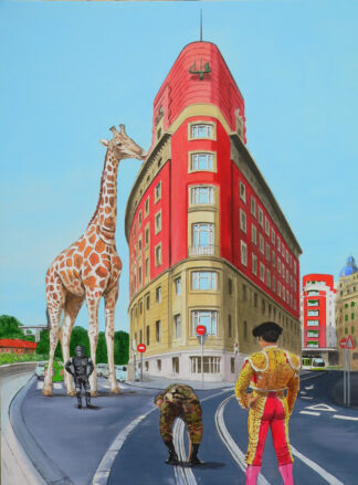 Jirafa junto a edificio bilbaíno rojo, torero y militar en la calle, cuadro de Ignacio Goitia