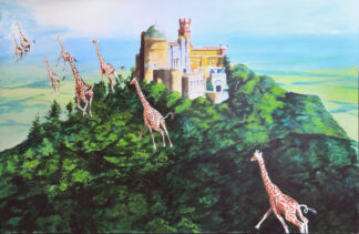 Jirafas corriendo sobre colina verde con el Palacio da Pena al fondo, pintura de Ignacio Goitia
