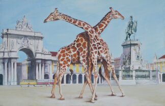 Dos jirafas cruzando la Plaza do Comércio de Lisboa junto al Arco y la estatua ecuestre