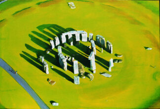 Cuadro de Stonehenge visto desde arriba, tonos verdes y amarillos intensos, largas sombras de las piedras.