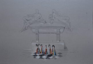 Boceto de sarcófago clásico con figuras reclinadas y cinco capirotes coloridos sobre suelo ajedrezado.