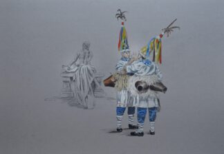 Cuadro de dos danzantes con mazas y tocados frente a boceto de escultura clásica sedente