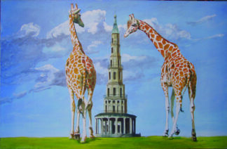 Pintura de dos jirafas junto a la Pagoda de Chanteloup, cielo nuboso y prado verde.