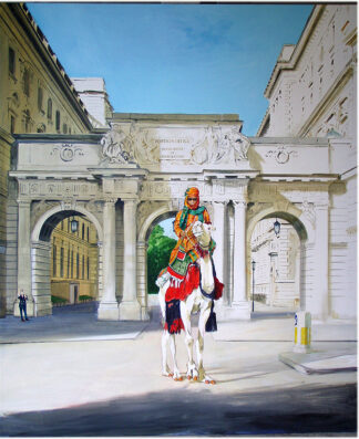 Dromedario con jinete cruzando el arco del Foreign Office, pintura de Ignacio Goitia