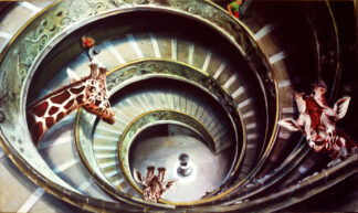 Jirafas asomadas en escalera de caracol del Vaticano, pintura de Ignacio Goitia