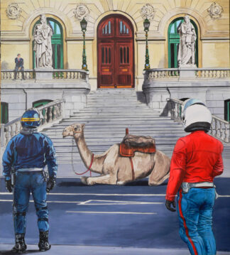Dromedario echado ante escalinata del Ayuntamiento de Bilbao con dos motoristas, pintura de Ignacio Goitia
