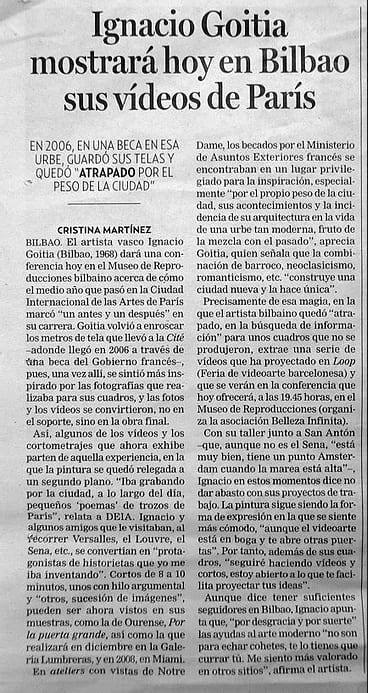 Ignacio Goitia mostrará hoy en Bilbao sus vídeos de París