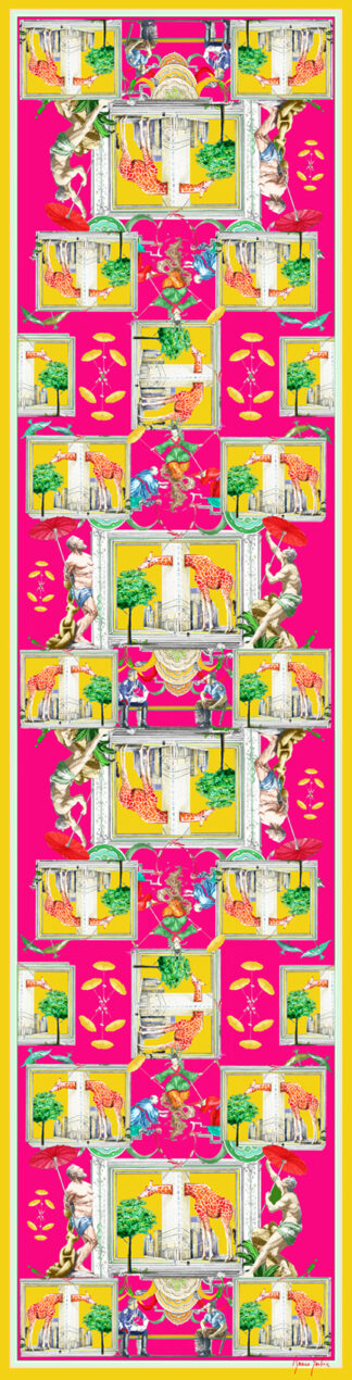 Fular de seda con elefantes en vestíbulo de columnas clásicas, tonos fucsia y amarillo