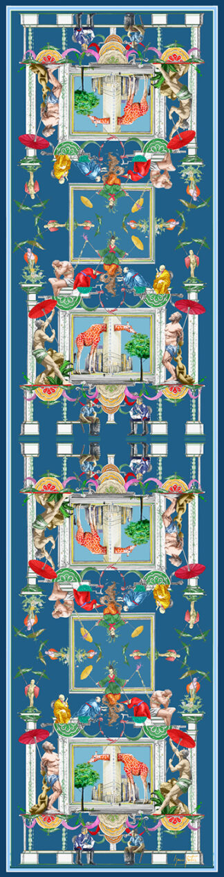 Bufanda de seda azul marino con elefantes rojos en paisajes arquitectónicos y detalles florales ornamentales