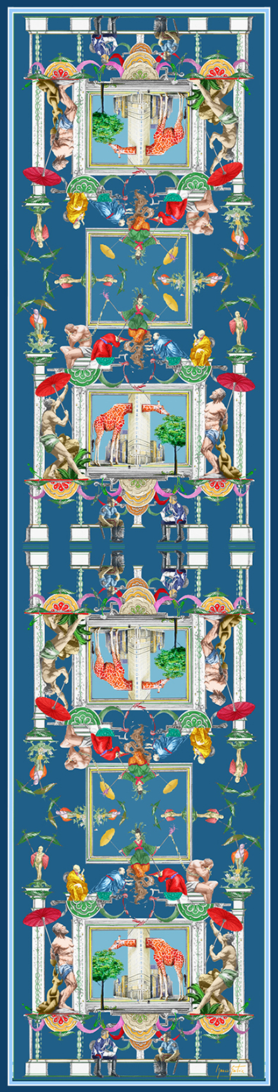 Bufanda de seda azul marino con elefantes rojos en paisajes arquitectónicos y detalles florales ornamentales
