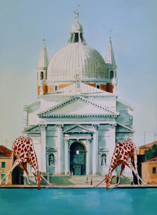 Dos jirafas beben agua ante la iglesia de Il Redentore, Venecia, en un cuadro de Ignacio Goitia