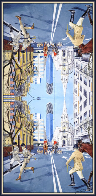 Fular de seda con escena urbana surrealista, calle reflejada, figuras humanas y arquitectura, tonos azules y dorados