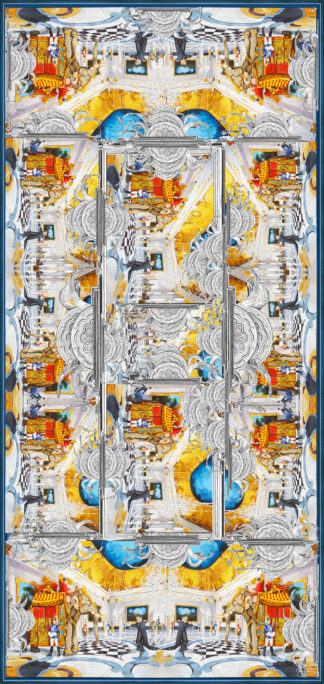 Fular de seda 'Vals' con elefantes entre arquitectura clásica ornamental, en dorado, azul y gris