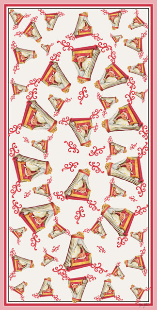 Fular de seda beige con campanas navideñas y lazos rojos, tonos rojos y dorados, estilo goitiesco