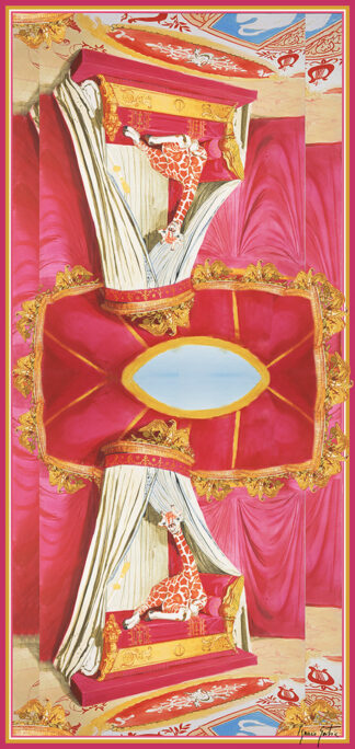 Fular de seda con columnas clásicas y cortinajes en tonos rojos, dorados y blancos