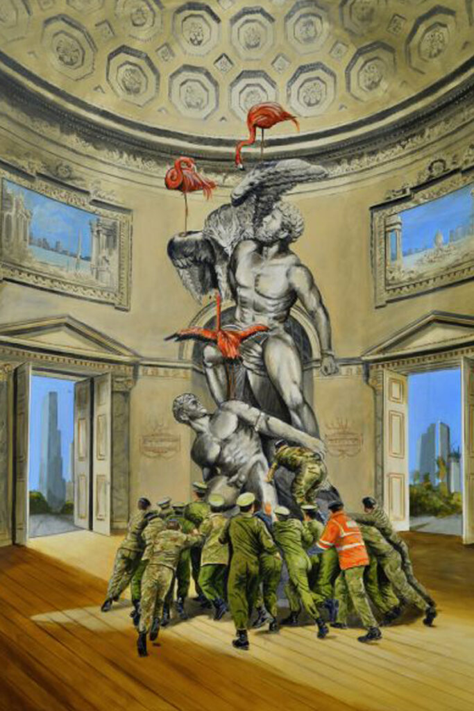 Flamencos y soldados en rotonda clásica con estatuas, tonos dorados y verde militar, estilo goitiesco