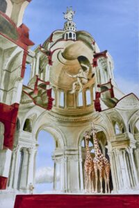 Jirafas entre columnas y cúpulas clásicas del Panteón, tonos beige, rojos y azules