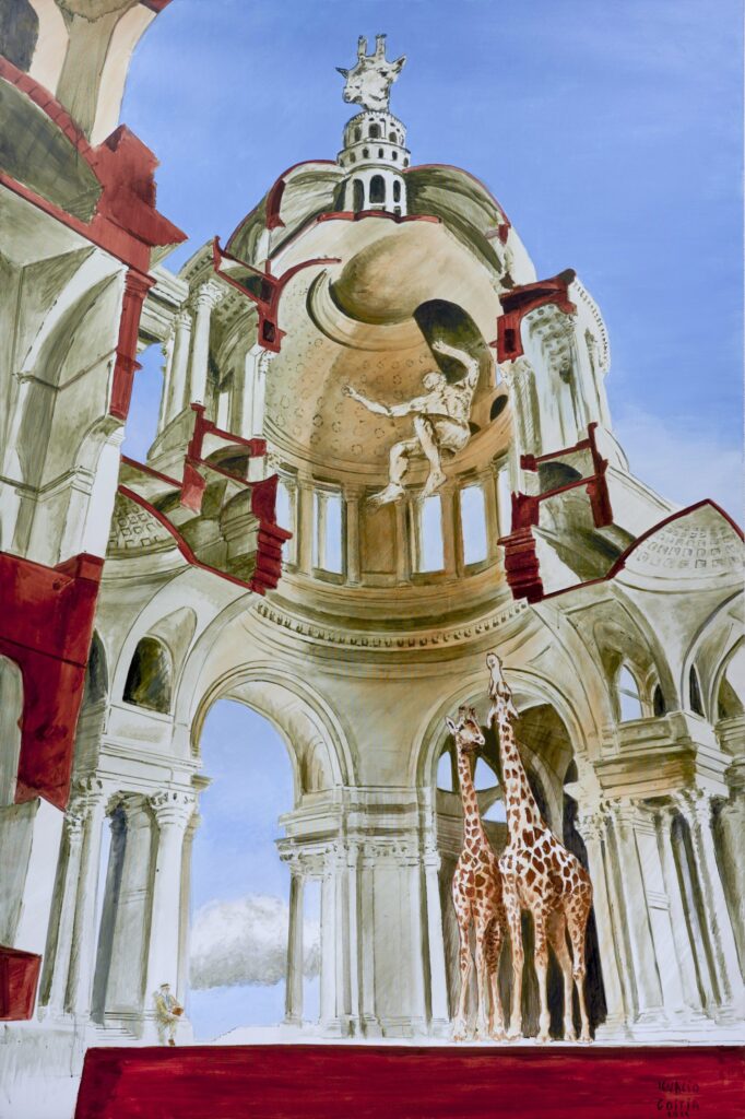Jirafas entre columnas y cúpulas clásicas del Panteón, tonos beige, rojos y azules