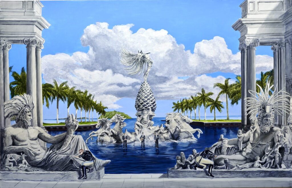 Tríptico con fuente barroca de mármol, figuras mitológicas y palmeras tropicales en tonos azules y blancos