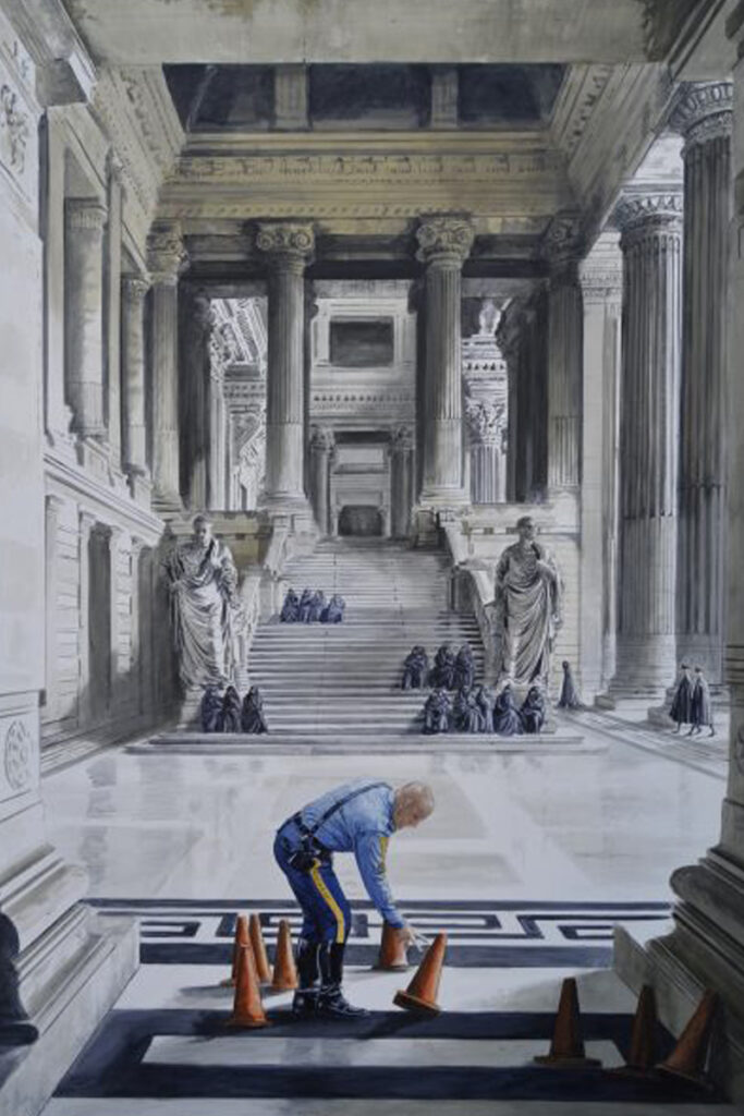 Trabajador en palacio neoclásico de columnas y estatuas, tonos grises y azules, estilo goitiesco