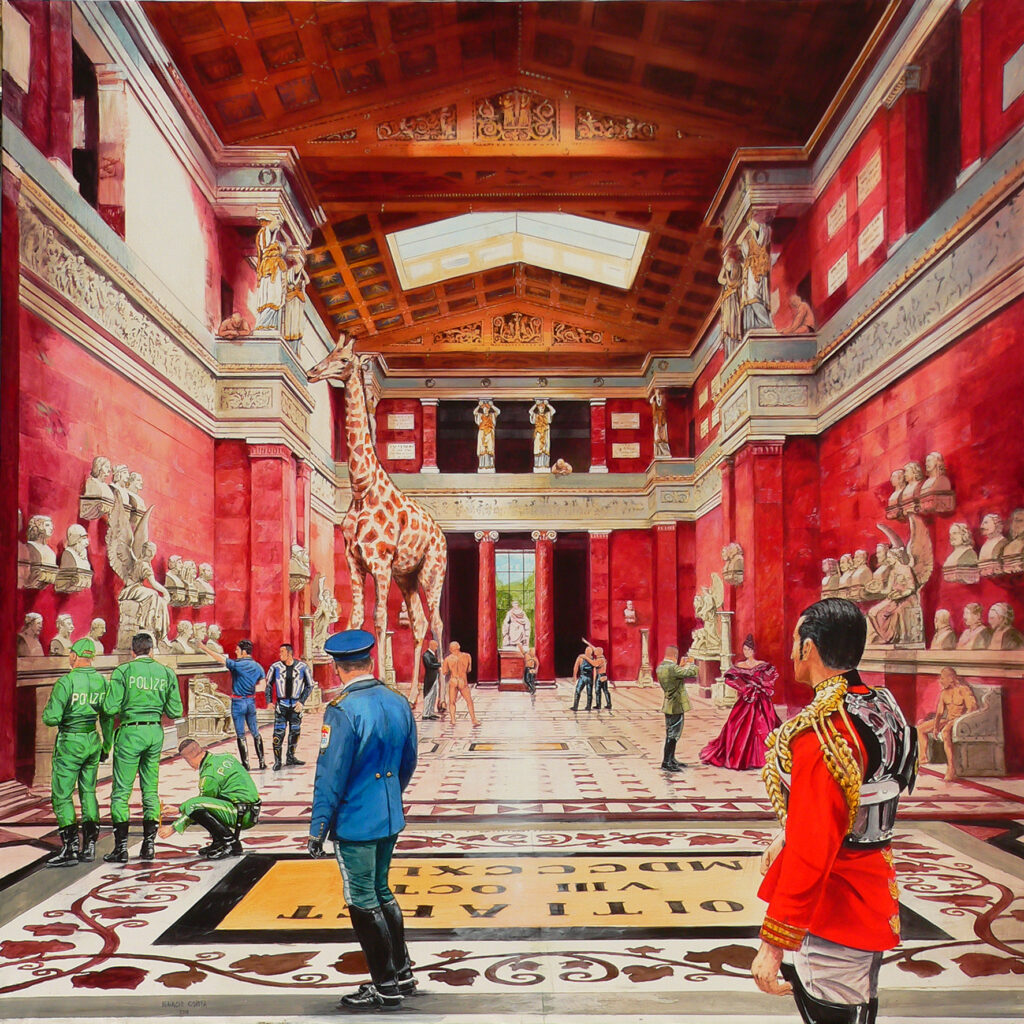 Vestíbulo clásico con jirafa, estatuas grecorromanas y figuras históricas en tonos rojos y dorados