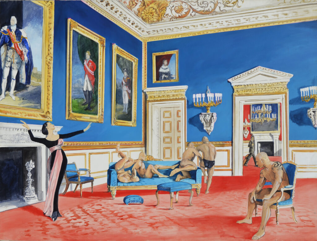 Pintura de escena palaciega con figuras, paredes azules y rojas, retratos clásicos y arquitectura barroca