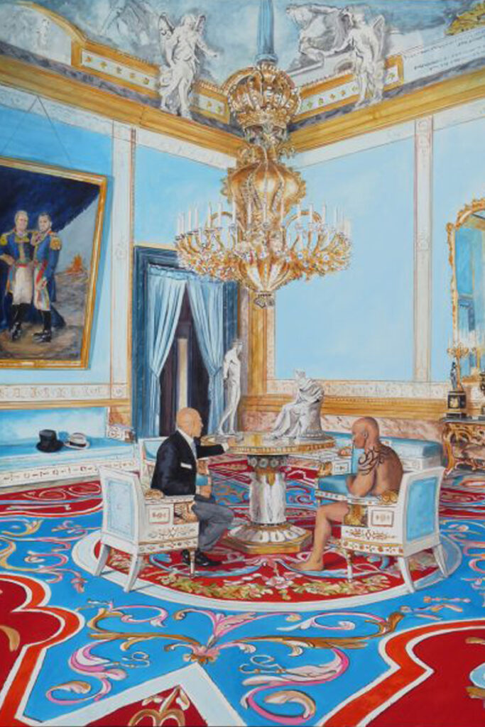 Figuras políticas en salón palaciego barroco, tonos azules y dorados, arte goitiesco de Ignacio Goitia