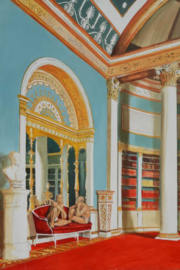 Salón palaciego con columnas corintias, figuras conversando, tonos azul turquesa y dorado, estilo goitiesco