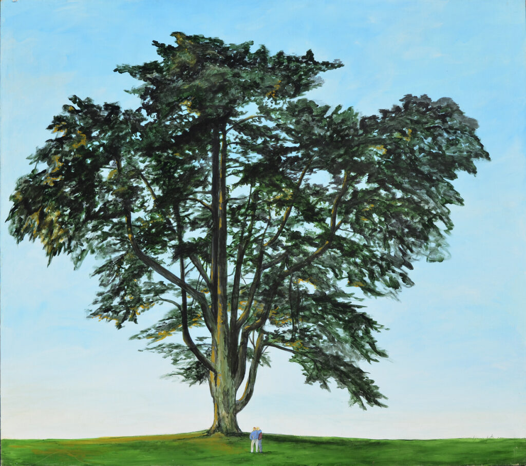 Óleo de cedro majestuoso con figuras humanas en paisaje verde, tonos verdes y azules celestes