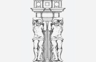 Atlantes clásicos de mármol blanco y negro sosteniendo columnas, ilustración arquitectónica de Ignacio Goitia