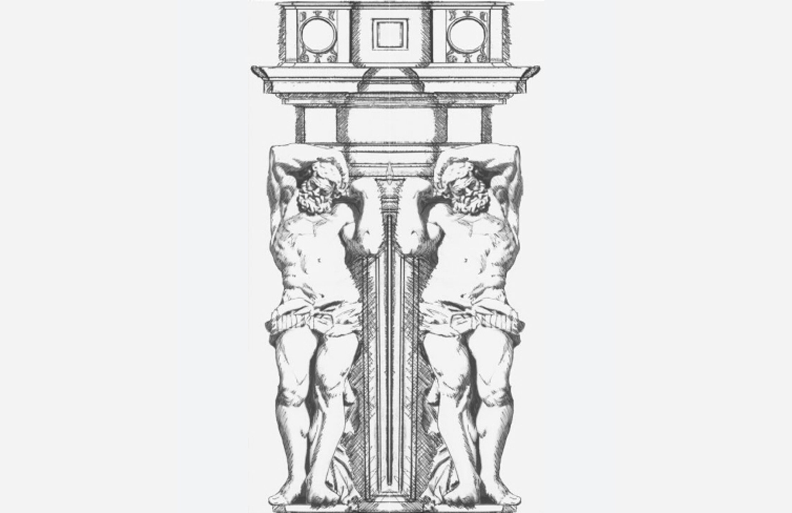 Atlantes clásicos de mármol blanco y negro sosteniendo columnas, ilustración arquitectónica de Ignacio Goitia