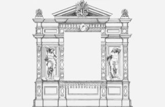 Altar renacentista con figuras escultóricas y columnas ornamentales, tonos grises monocromáticos